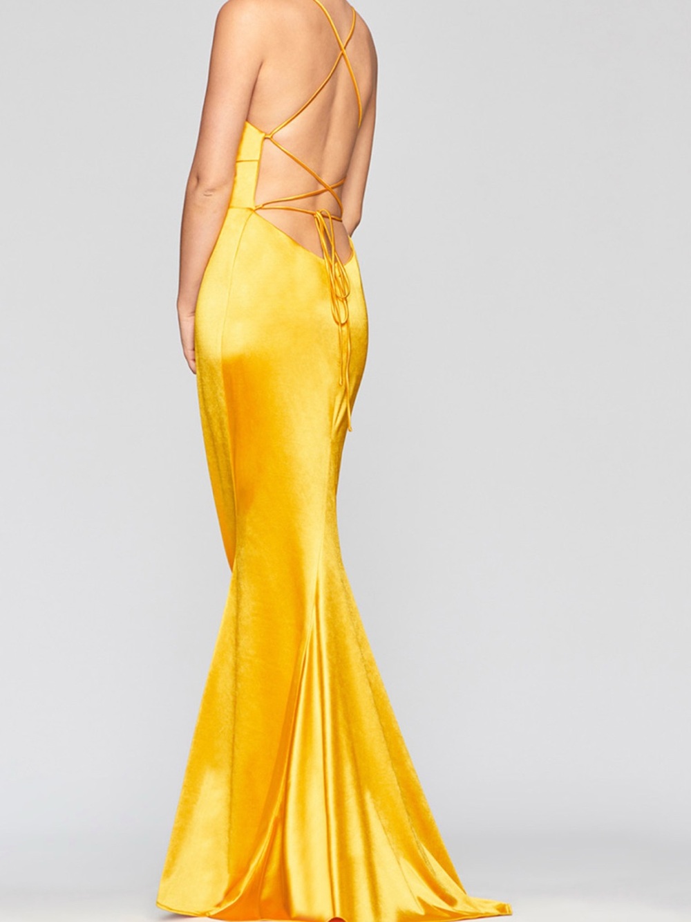 Faviana Bright Yellow Satin Backless Evening Gown